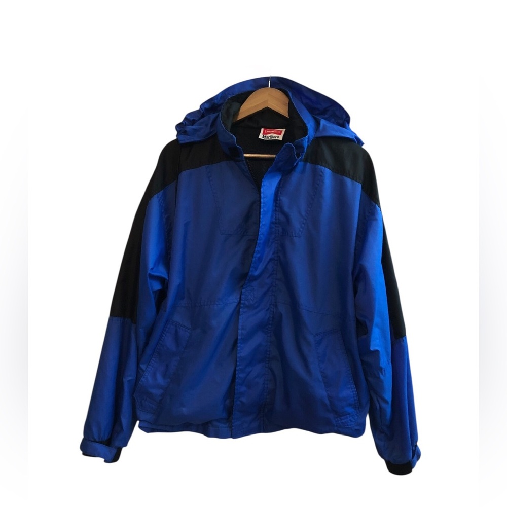 VTG Marlboro Unlimited Label Blue Windbreaker Packable Hooded Jacket